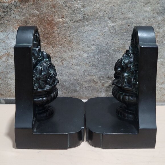 Vintage Pair Floral Rose Pot Metal Bronze Bookends - Picture 7 of 7